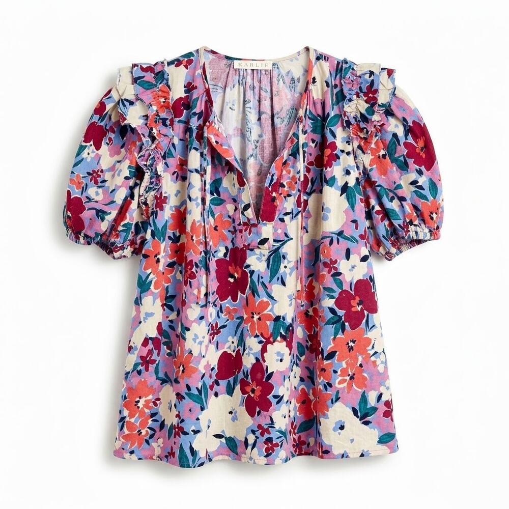 KARLIE Linen Floral V Neck Ruffle Top Pink Half Sleeve Casual Womens Medium